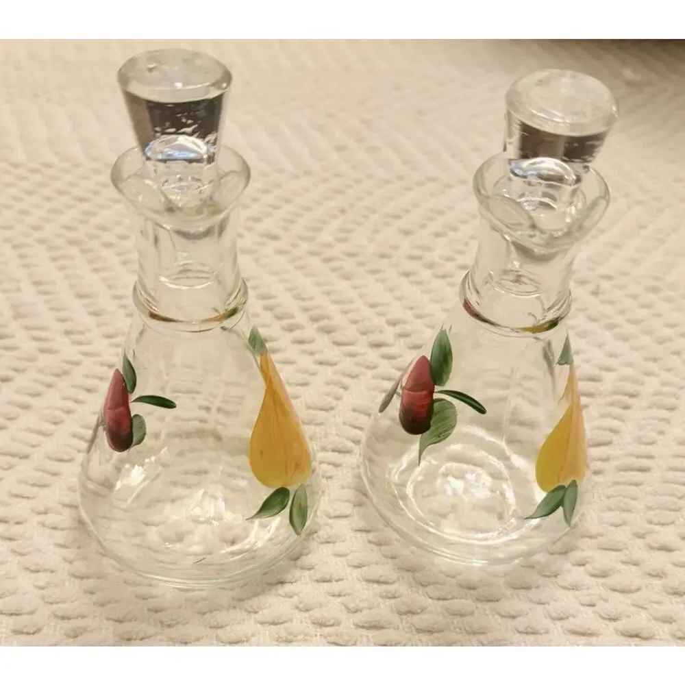 Vintage Set HAZEL ATLAS Cruets Oil & Vinegar Fruit Motif 3661/66